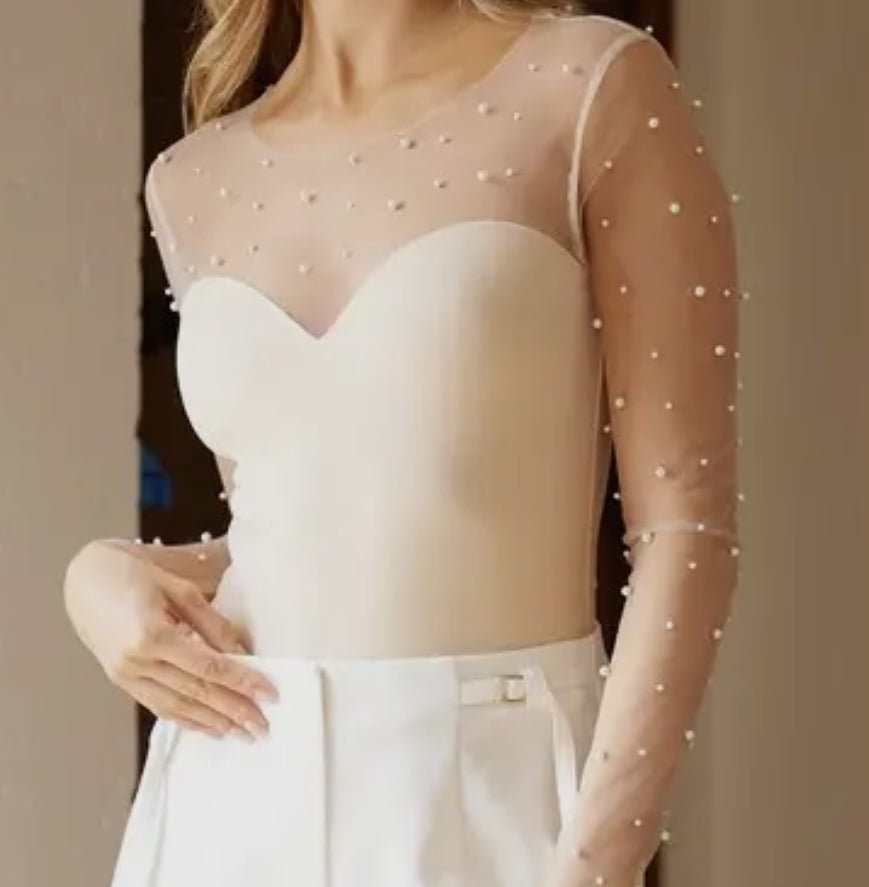 Embellished Mesh Long Sleeve Bodysuit