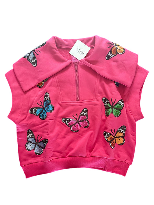 QOS Hot Pink Multi Butterfly Collar Top