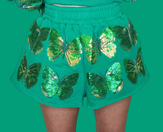 QOS Green Sequin Scattered Butterfly Short