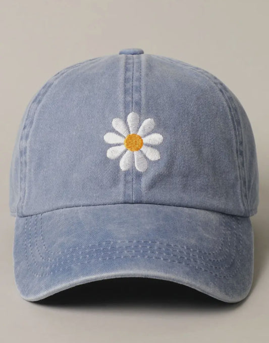 Daisy Embroidered Baseball Cap - Denim