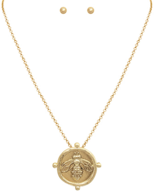 Embossed Coin Pendant Bee Necklace