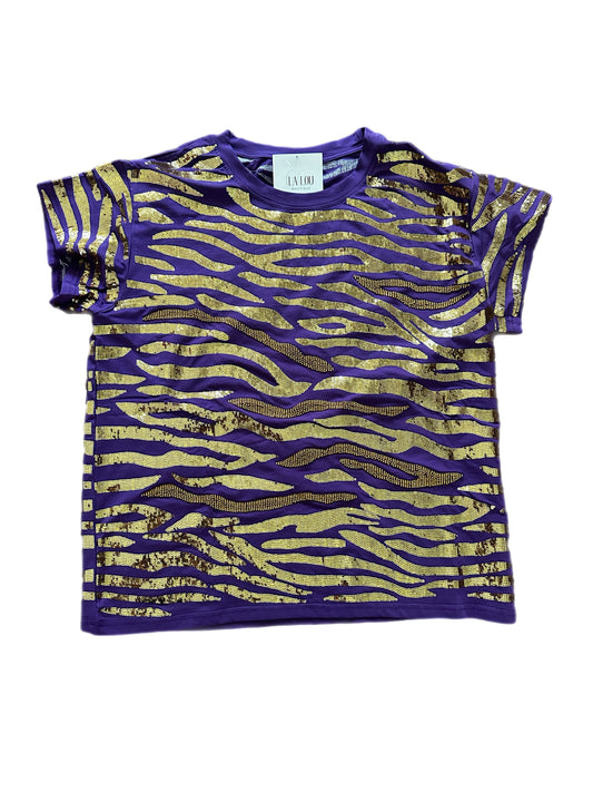 QOS Purple and Gold Seed Bead & Sequin Tiger Stripe Tee