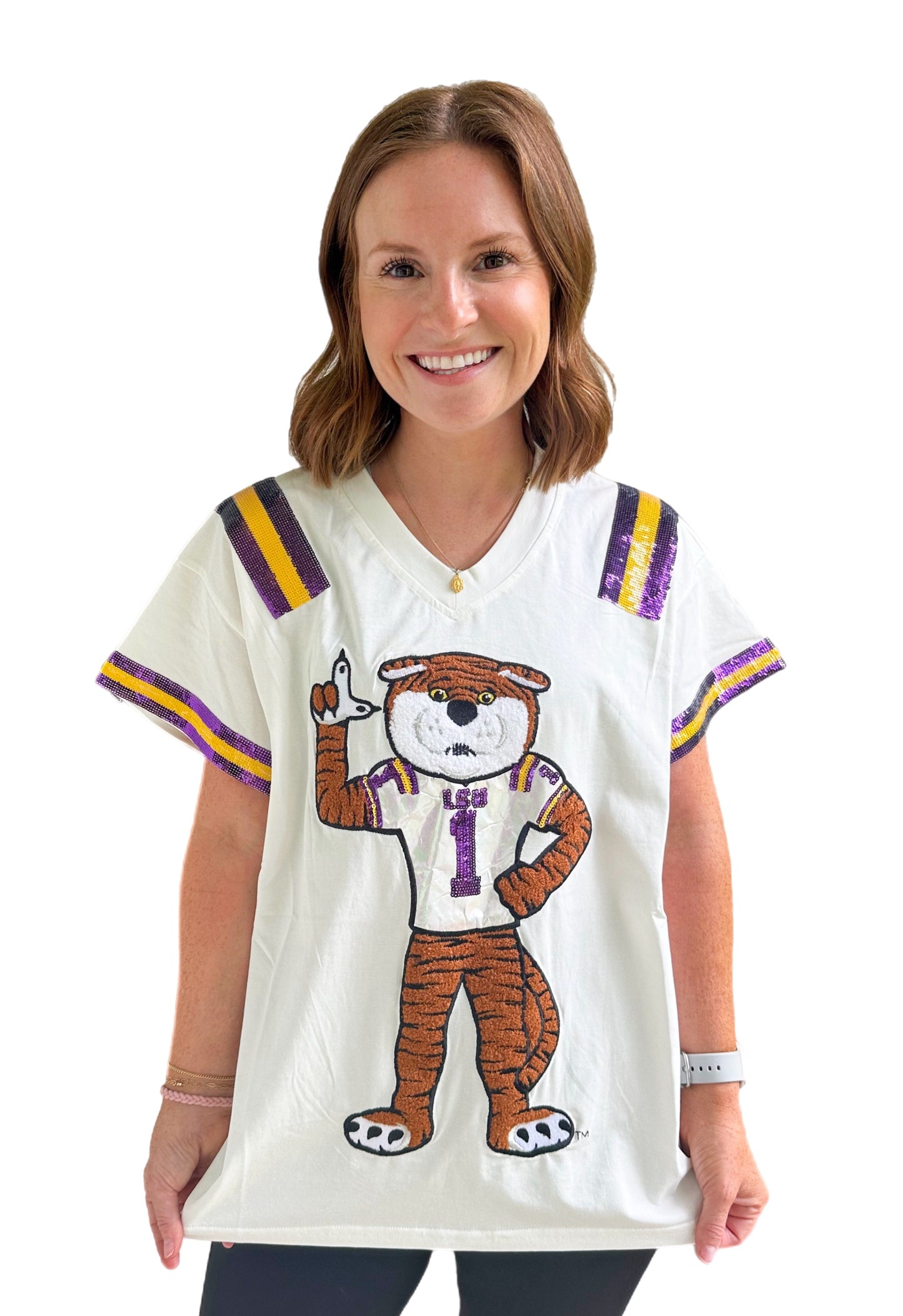 QUEEN OF SPARKLES - Licensed - white, purple and gold LSU Tiger Jersey Tee