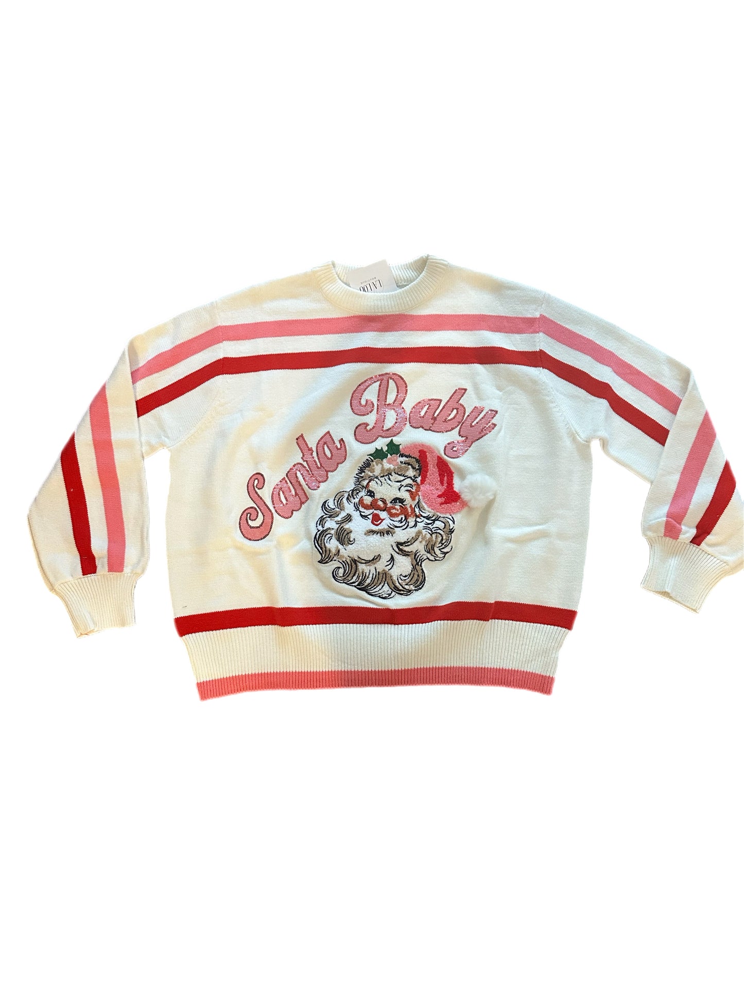 Queen of Sparkles Red, Pink and White Stripe Fuzzy Santa Baby Sweater