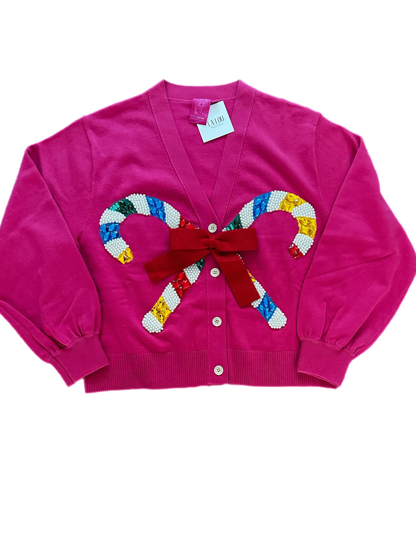 Queen of Sparkles Pink Cardigan with Candy Cane and Bow