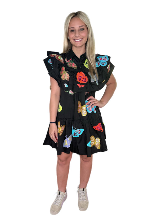 QOS Black Multi Cotton Butterfly Ruffle Dress