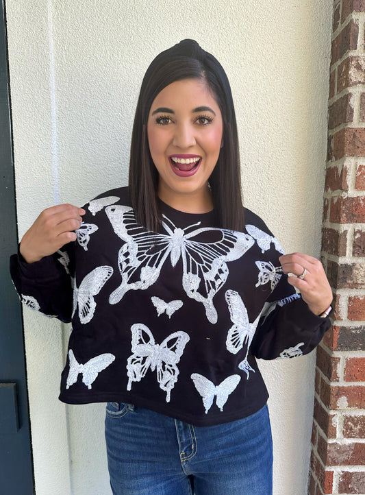 QOS Butterfly Skeleton Crop Sweatshirt